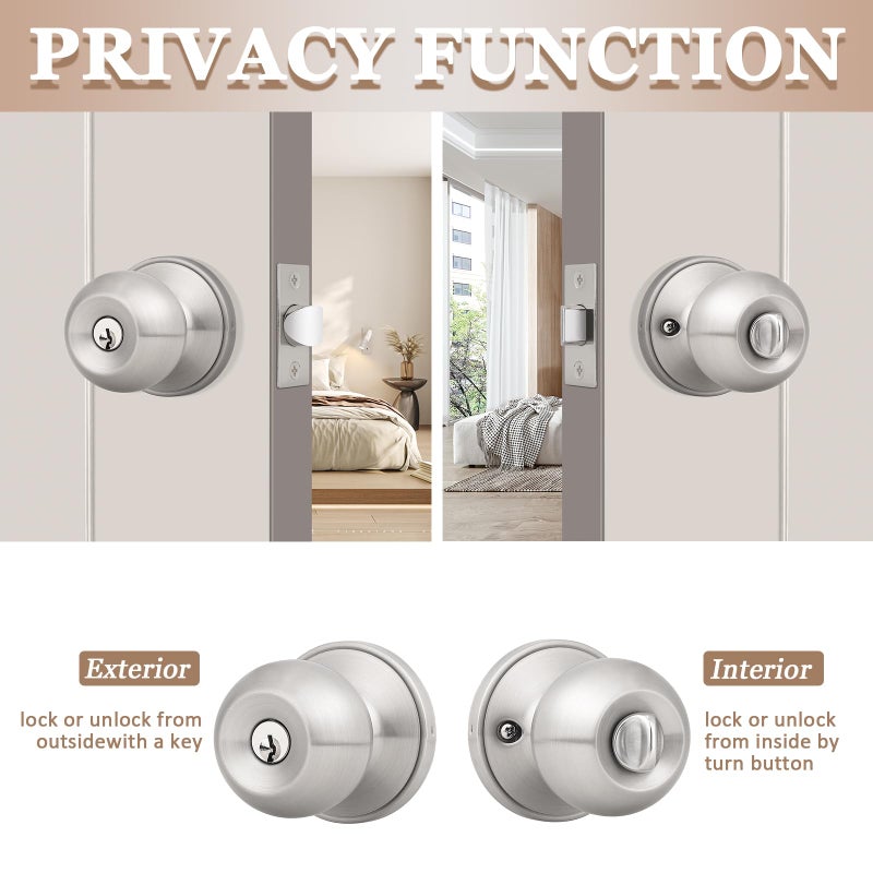 Probricoï¼ˆ3 Pack Entry Door Knob Keyed Alike,Satin Nickel Finish Door Lock Handle,Entry Door Lock/Ball Door knobs with Lock and Same Key,Entrance Knob[Lock with 3 Combo Keys] for Office or Front Door - Image 4